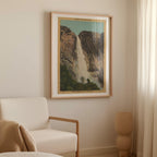 Vintage landscape postcard print of Yosemite Falls' upper cascade dropping over a sheer granite cliff face, Yosemite National Park. Printed as a giclée fine art print on archival matte paper.