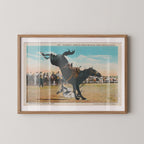 Vintage illustrated postcard print of a cowboy riding a bucking bronco horse, a classic Western rodeo scene. Printed as a giclée fine art print on archival matte paper.