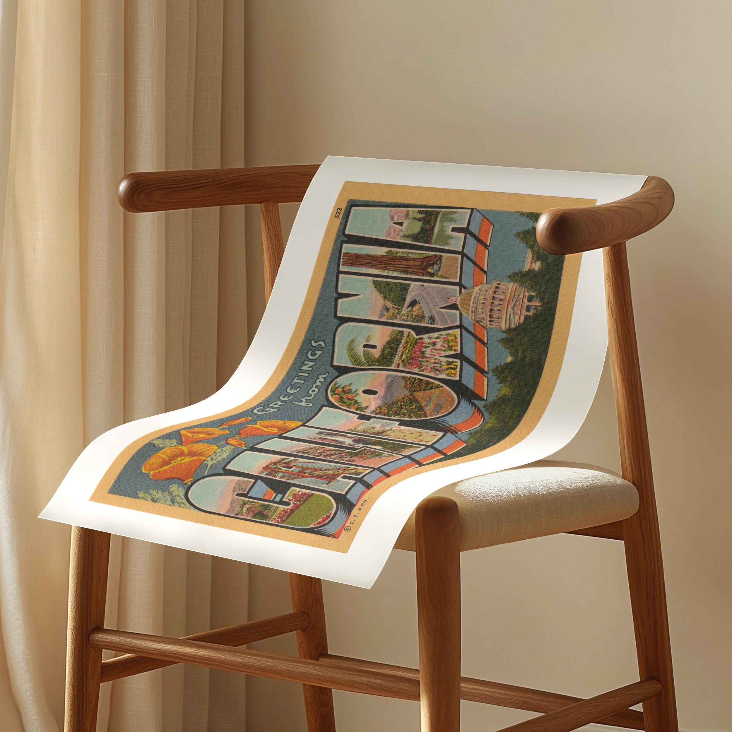 Vintage "Greetings from California" large letter postcard print, with oversized vintage-style block letters spelling CALIFORNIA filled with nostalgic scenic snapshots, celebrating California as a U.S. state travel keepsake. Printed as a giclée fine art print on archival matte paper.