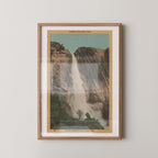 Vintage landscape postcard print of Yosemite Falls' upper cascade dropping over a sheer granite cliff face, Yosemite National Park. Printed as a giclée fine art print on archival matte paper.