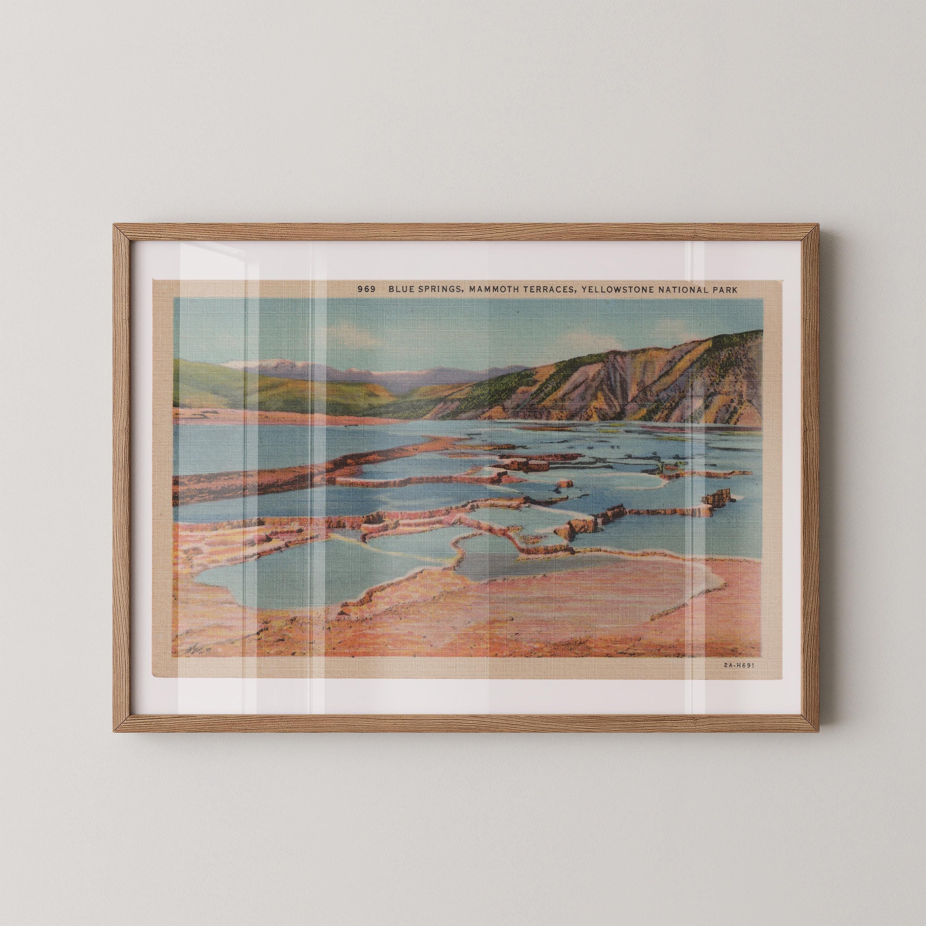 Vintage landscape postcard print of the layered, mineral-blue terraces of Mammoth Hot Springs, Yellowstone National Park. Printed as a giclée fine art print on archival matte paper.