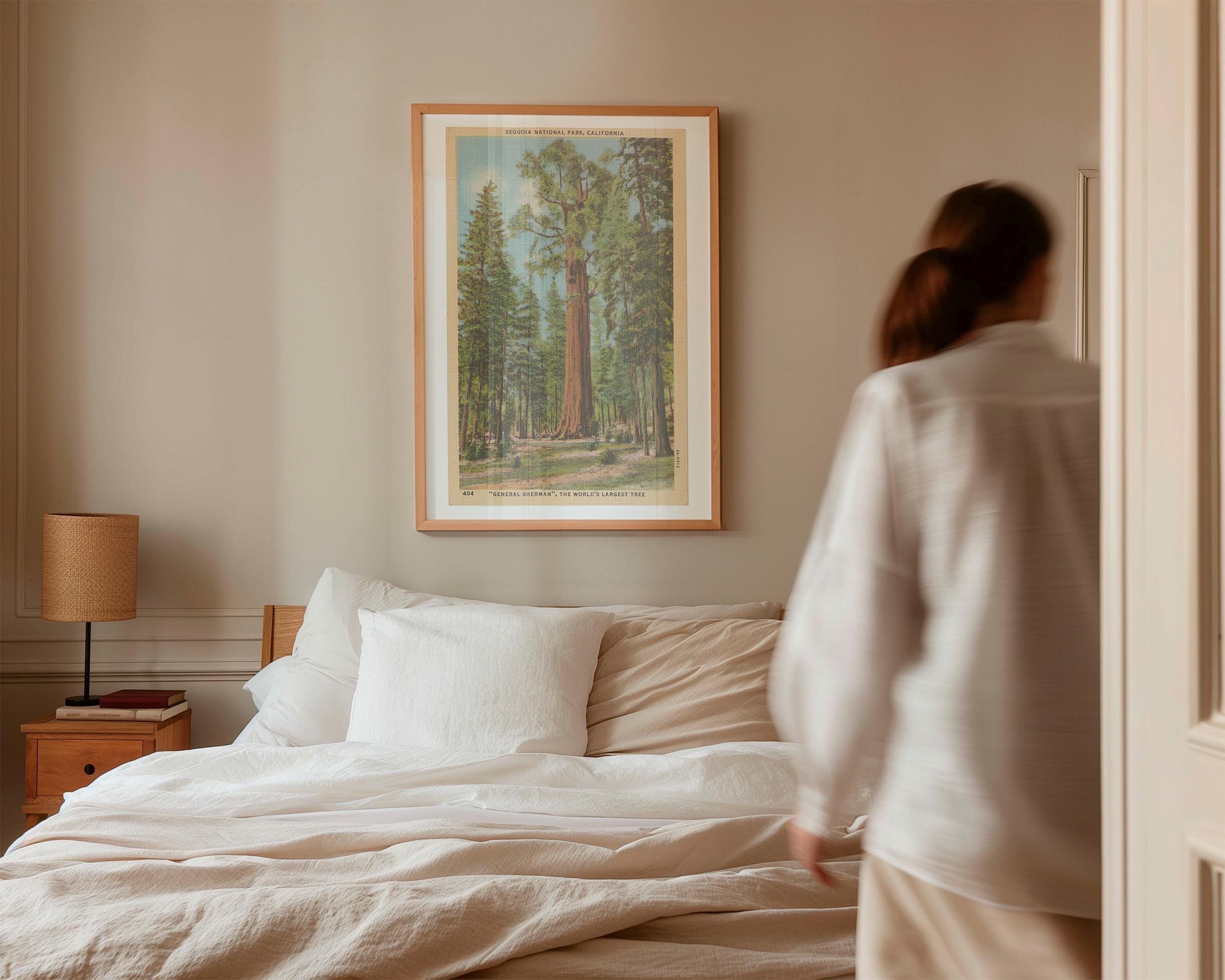 Vintage landscape postcard print of the massive General Sherman giant sequoia tree towering over the forest floor. Printed as a giclée fine art print on archival matte paper.