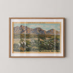 Vintage landscape postcard print of rugged desert mountains rising above a dry, sunlit valley. Printed as a giclée fine art print on archival matte paper.