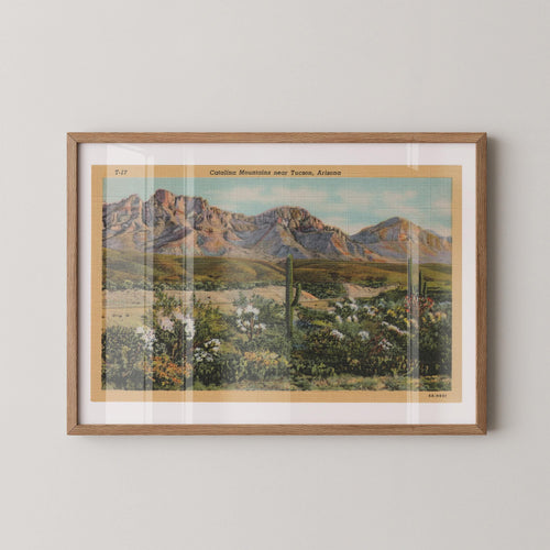 Vintage landscape postcard print of rugged desert mountains rising above a dry, sunlit valley. Printed as a giclée fine art print on archival matte paper.