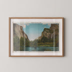 Vintage landscape postcard print of Yosemite Valley, showing its granite cliffs and forested valley floor, Yosemite National Park. Printed as a giclée fine art print on archival matte paper.