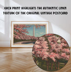 Vintage horizontal landscape postcard print of the Washington Monument framed by flowering pink cherry blossom branches in Washington, D.C. Printed as a giclée fine art print on archival matte paper.