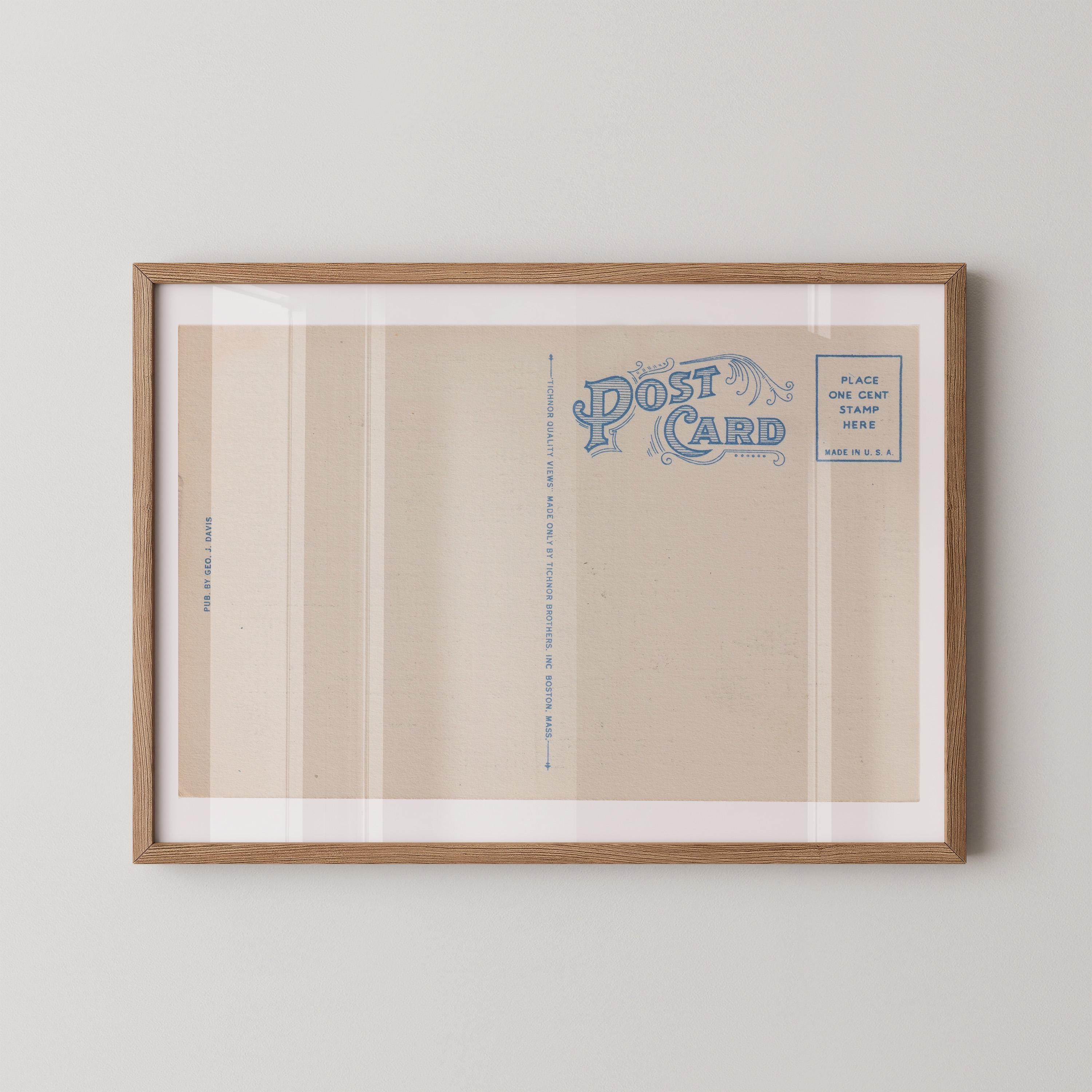 Vintage postcard-style print featuring a blank correspondence postcard design, with divided lines and vintage typography and no destination text. Printed as a giclée fine art print on archival matte paper.