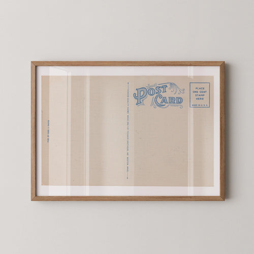 Vintage postcard-style print featuring a blank correspondence postcard design, with divided lines and vintage typography and no destination text. Printed as a giclée fine art print on archival matte paper.