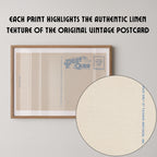 Vintage postcard-style print featuring a blank correspondence postcard design, with divided lines and vintage typography and no destination text. Printed as a giclée fine art print on archival matte paper.
