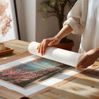 Vintage horizontal landscape postcard print of the Washington Monument framed by flowering pink cherry blossom branches in Washington, D.C. Printed as a giclée fine art print on archival matte paper.