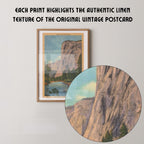 Vintage landscape postcard print of El Capitan's massive granite monolith rising above Yosemite Valley, Yosemite National Park. Printed as a giclée fine art print on archival matte paper.