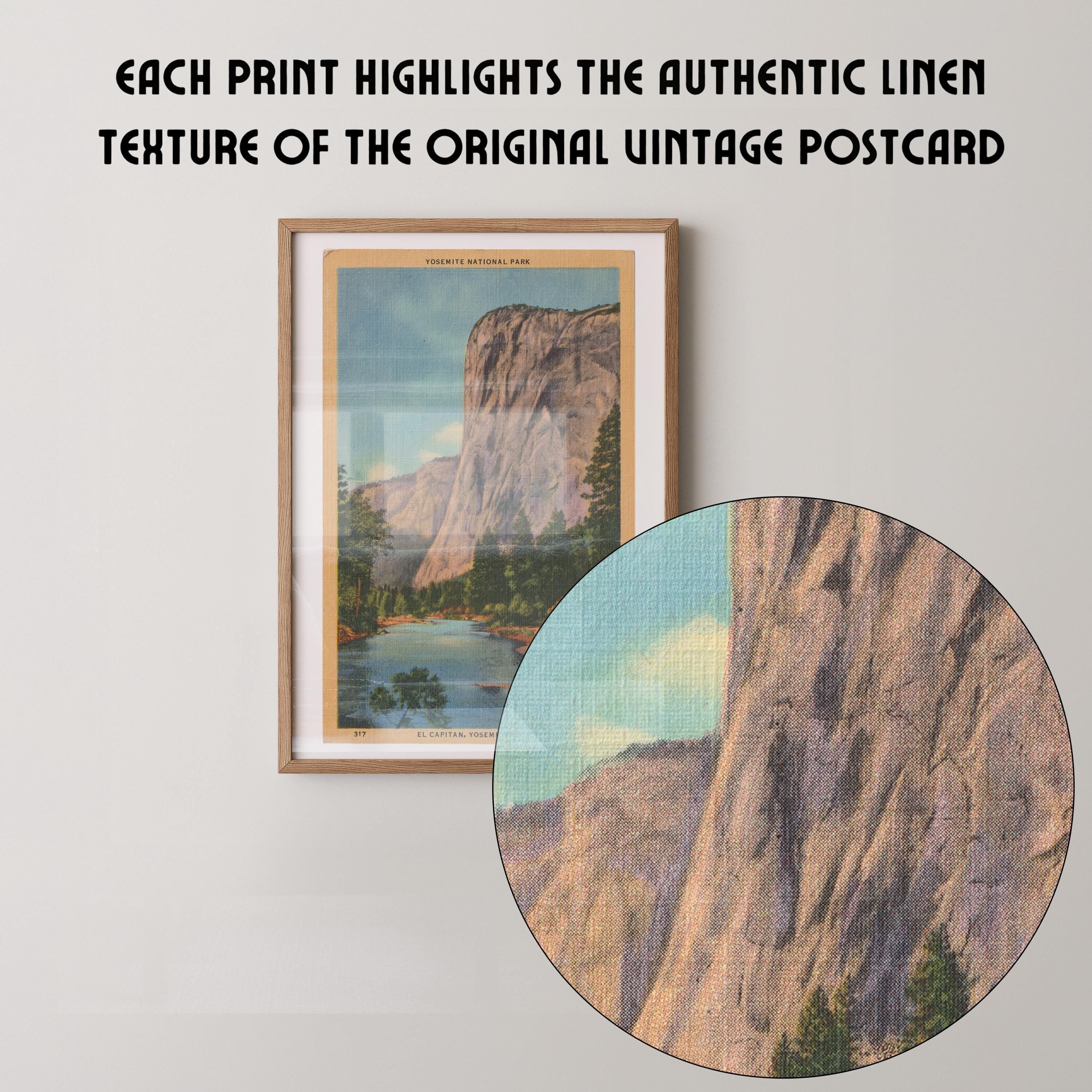 Vintage landscape postcard print of El Capitan's massive granite monolith rising above Yosemite Valley, Yosemite National Park. Printed as a giclée fine art print on archival matte paper.