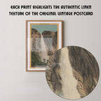 Vintage landscape postcard print of Yosemite Falls' upper cascade dropping over a sheer granite cliff face, Yosemite National Park. Printed as a giclée fine art print on archival matte paper.