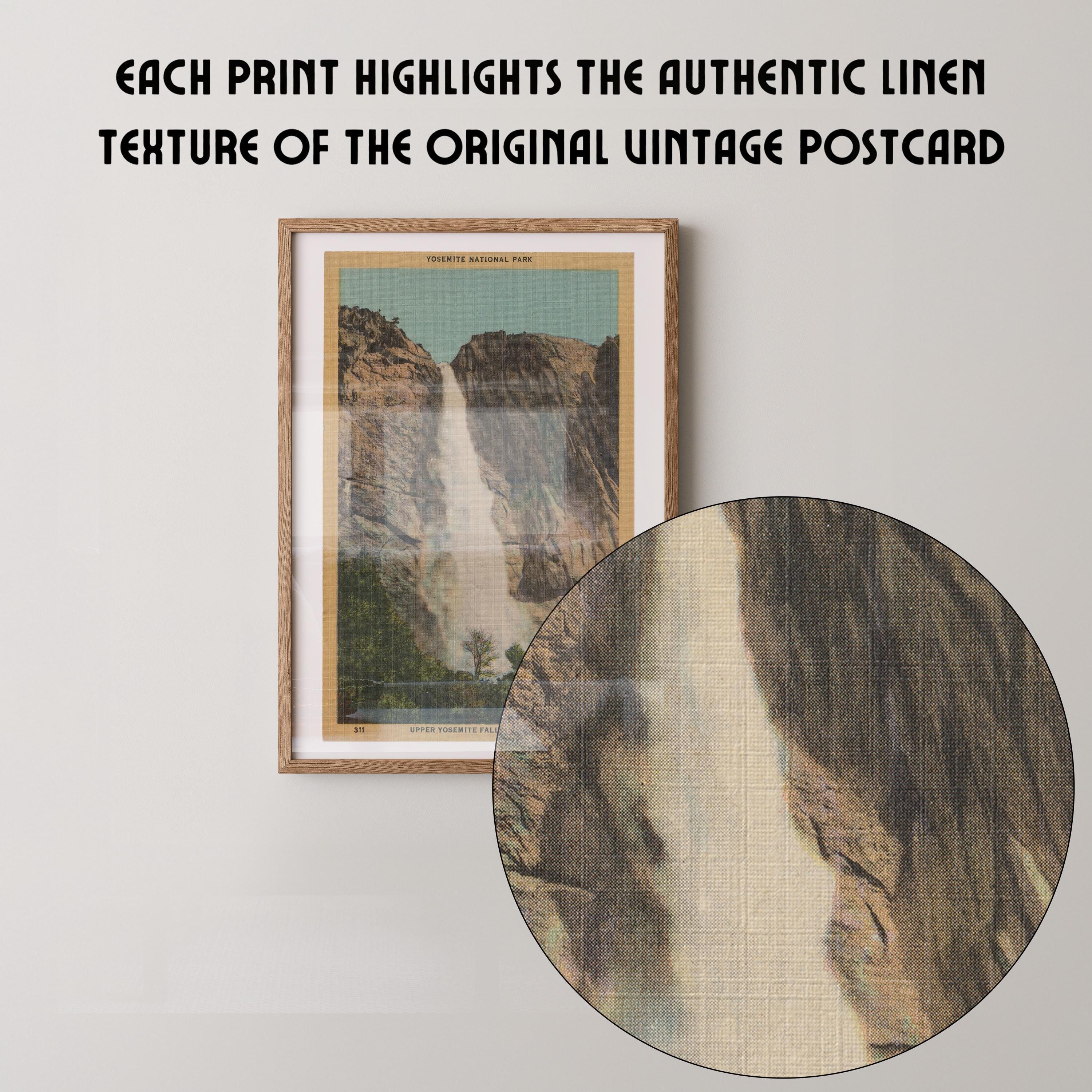Vintage landscape postcard print of Yosemite Falls' upper cascade dropping over a sheer granite cliff face, Yosemite National Park. Printed as a giclée fine art print on archival matte paper.