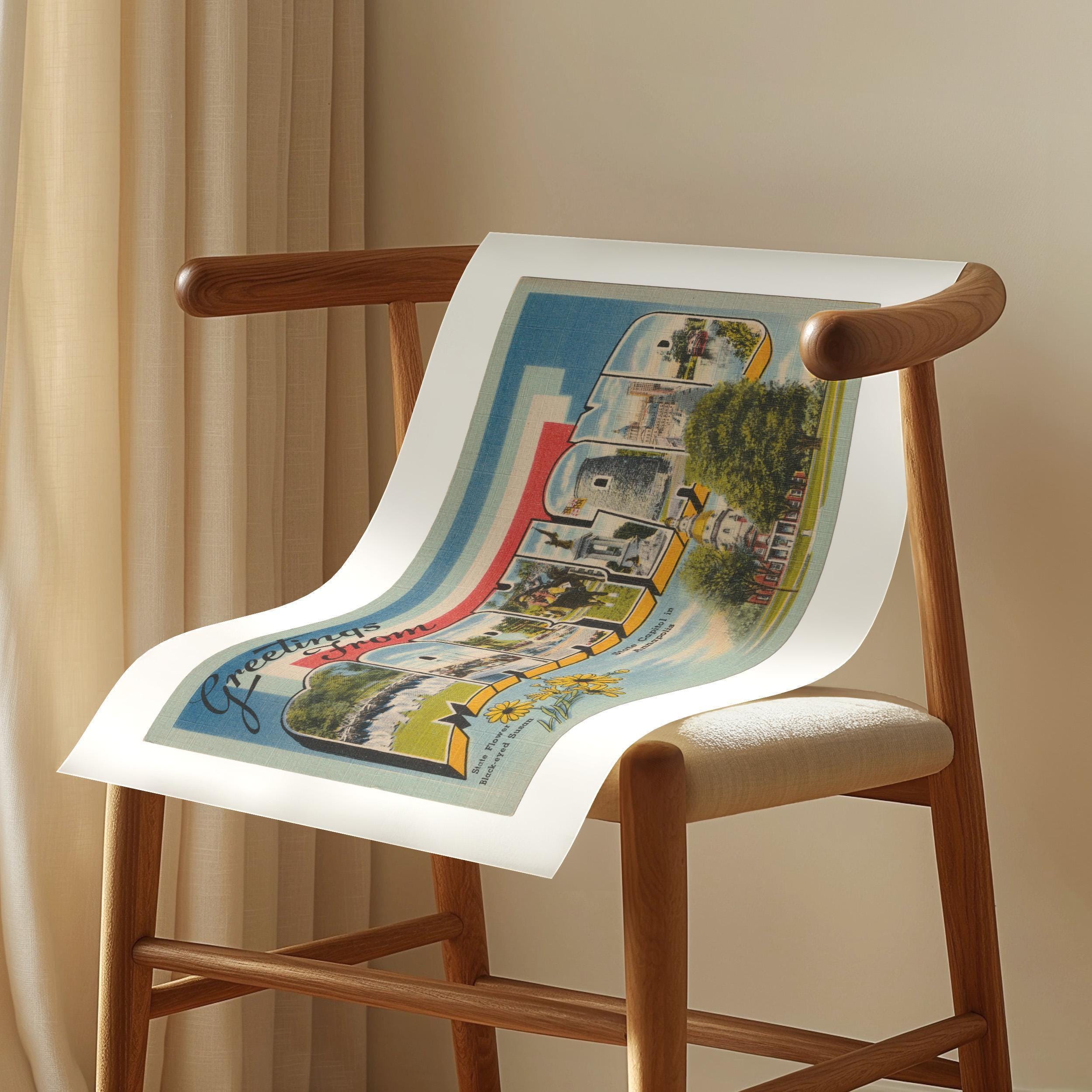 Vintage "Greetings from Maryland" large letter postcard print, with oversized vintage-style block letters spelling MARYLAND filled with nostalgic scenic snapshots, celebrating Maryland as a U.S. state travel keepsake. Printed as a giclée fine art print on archival matte paper.
