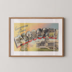 Vintage "Greetings from Missouri" large letter postcard print, with oversized vintage-style block letters spelling MISSOURI filled with nostalgic scenic snapshots, celebrating Missouri as a U.S. state travel keepsake. Printed as a giclée fine art print on archival matte paper.