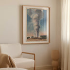 Vintage landscape postcard print of Old Faithful Geyser erupting in a tall plume of steam and water, Yellowstone National Park. Printed as a giclée fine art print on archival matte paper.