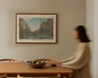 Vintage landscape postcard print of Yosemite Valley, showing its granite cliffs and forested valley floor, Yosemite National Park. Printed as a giclée fine art print on archival matte paper.