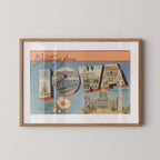 Vintage "Greetings from Iowa" large letter postcard print, with oversized vintage-style block letters spelling IOWA filled with nostalgic scenic snapshots, celebrating Iowa as a U.S. state travel keepsake. Printed as a giclée fine art print on archival matte paper.