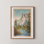 Vintage landscape postcard print of Sentinel Rock's tall granite spire rising above Yosemite Valley, Yosemite National Park. Printed as a giclée fine art print on archival matte paper.