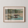 Vintage wildlife landscape postcard print of a moose standing in a marshy meadow, Yellowstone National Park. Printed as a giclée fine art print on archival matte paper.