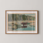Vintage wildlife landscape postcard print of a moose standing in a marshy meadow, Yellowstone National Park. Printed as a giclée fine art print on archival matte paper.