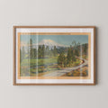Vintage landscape postcard print of snow-capped Mount Shasta rising above the Northern California countryside. Printed as a giclée fine art print on archival matte paper.