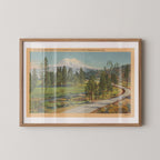 Vintage landscape postcard print of snow-capped Mount Shasta rising above the Northern California countryside. Printed as a giclée fine art print on archival matte paper.