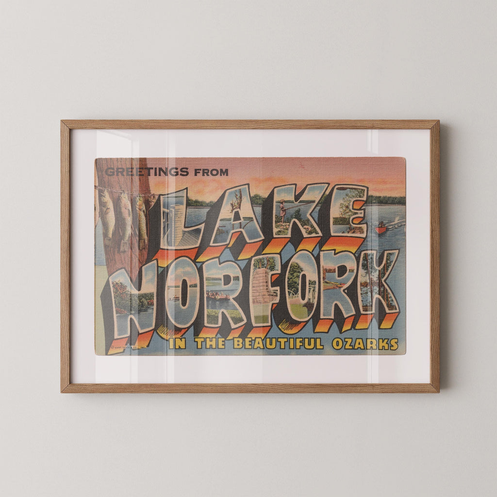 Vintage "Greetings from Lake Norfork in the Ozarks" large letter postcard print, with oversized vintage-style block letters spelling LAKE NORFORK IN THE OZARKS filled with nostalgic scenic snapshots, celebrating Lake Norfork in the Ozarks as a beloved travel destination. Printed as a giclée fine art print on archival matte paper.