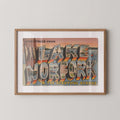 Vintage "Greetings from Lake Norfork in the Ozarks" large letter postcard print, with oversized vintage-style block letters spelling LAKE NORFORK IN THE OZARKS filled with nostalgic scenic snapshots, celebrating Lake Norfork in the Ozarks as a beloved travel destination. Printed as a giclée fine art print on archival matte paper.