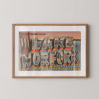 Vintage "Greetings from Lake Norfork in the Ozarks" large letter postcard print, with oversized vintage-style block letters spelling LAKE NORFORK IN THE OZARKS filled with nostalgic scenic snapshots, celebrating Lake Norfork in the Ozarks as a beloved travel destination. Printed as a giclée fine art print on archival matte paper.
