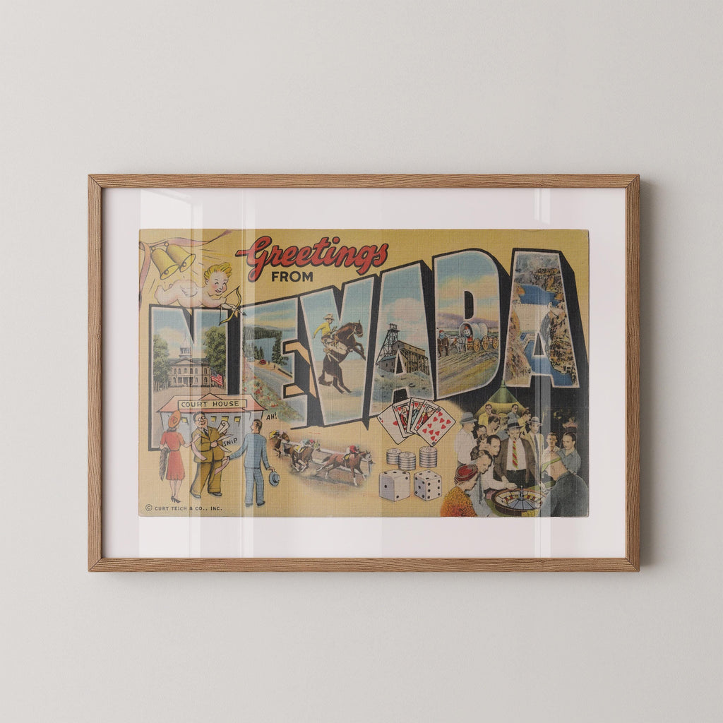 Vintage "Greetings from Nevada" large letter postcard print, with oversized vintage-style block letters spelling NEVADA filled with nostalgic scenic snapshots, celebrating Nevada as a U.S. state travel keepsake. Printed as a giclée fine art print on archival matte paper.