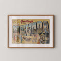 Vintage "Greetings from Nevada" large letter postcard print, with oversized vintage-style block letters spelling NEVADA filled with nostalgic scenic snapshots, celebrating Nevada as a U.S. state travel keepsake. Printed as a giclée fine art print on archival matte paper.