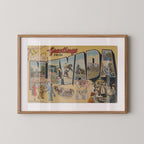 Vintage "Greetings from Nevada" large letter postcard print, with oversized vintage-style block letters spelling NEVADA filled with nostalgic scenic snapshots, celebrating Nevada as a U.S. state travel keepsake. Printed as a giclée fine art print on archival matte paper.