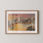 Vintage "Greetings from New Jersey" large letter postcard print, with oversized vintage-style block letters spelling NEW JERSEY filled with nostalgic scenic snapshots, celebrating New Jersey as a U.S. state travel keepsake. Printed as a giclée fine art print on archival matte paper.