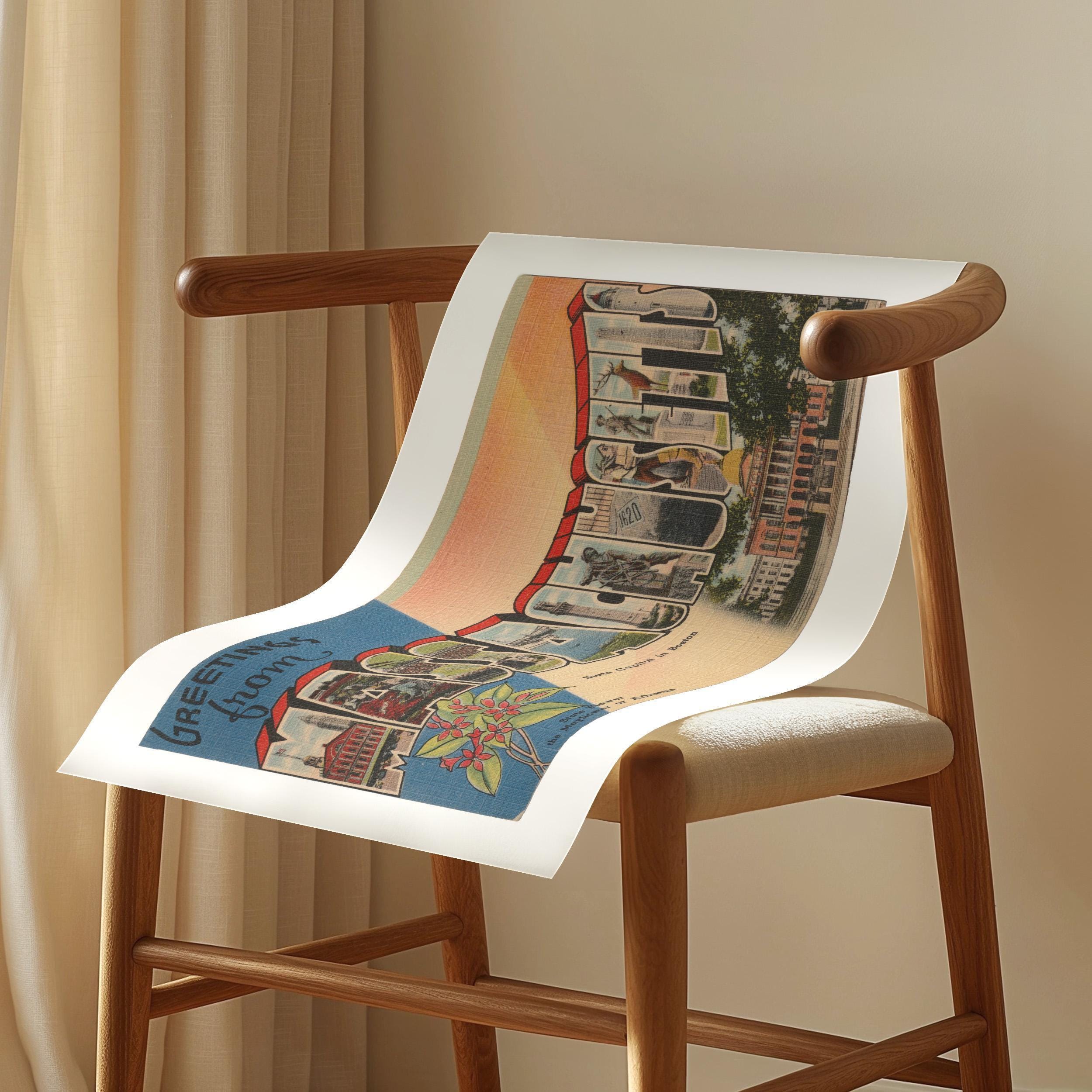 Vintage "Greetings from Massachusetts" large letter postcard print, with oversized vintage-style block letters spelling MASSACHUSETTS filled with nostalgic scenic snapshots, celebrating Massachusetts as a U.S. state travel keepsake. Printed as a giclée fine art print on archival matte paper.