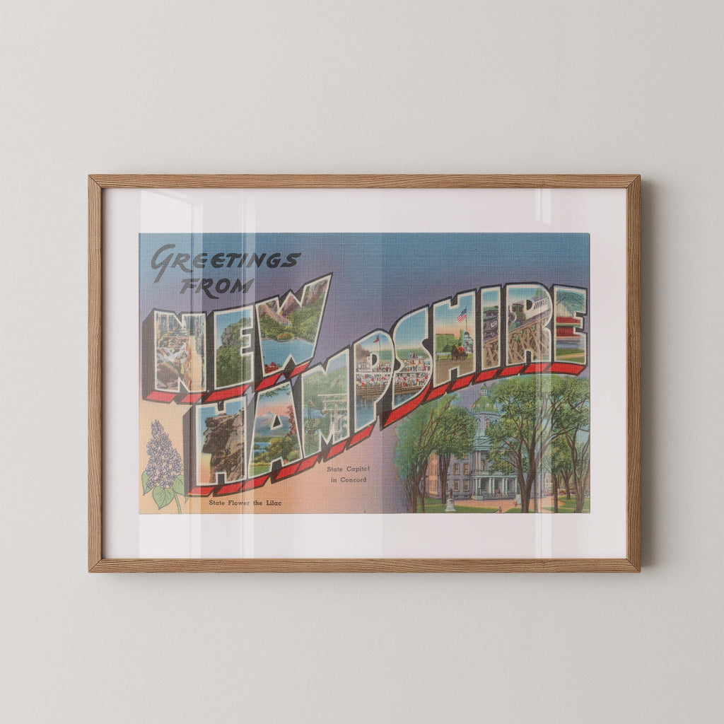 Vintage "Greetings from New Hampshire" large letter postcard print, with oversized vintage-style block letters spelling NEW HAMPSHIRE filled with nostalgic scenic snapshots, celebrating New Hampshire as a U.S. state travel keepsake. Printed as a giclée fine art print on archival matte paper.