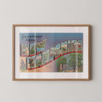 Vintage "Greetings from New Hampshire" large letter postcard print, with oversized vintage-style block letters spelling NEW HAMPSHIRE filled with nostalgic scenic snapshots, celebrating New Hampshire as a U.S. state travel keepsake. Printed as a giclée fine art print on archival matte paper.