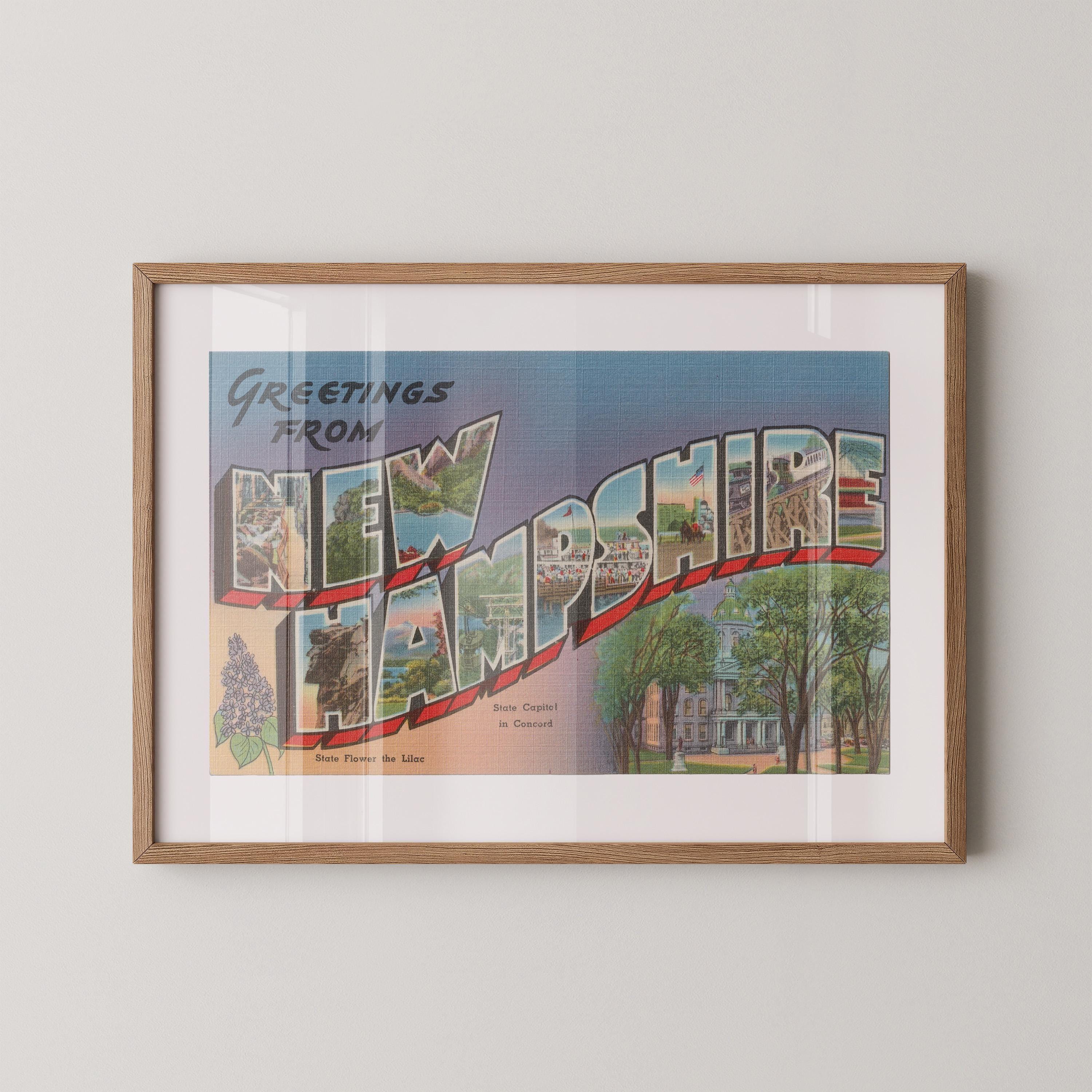 Vintage "Greetings from New Hampshire" large letter postcard print, with oversized vintage-style block letters spelling NEW HAMPSHIRE filled with nostalgic scenic snapshots, celebrating New Hampshire as a U.S. state travel keepsake. Printed as a giclée fine art print on archival matte paper.