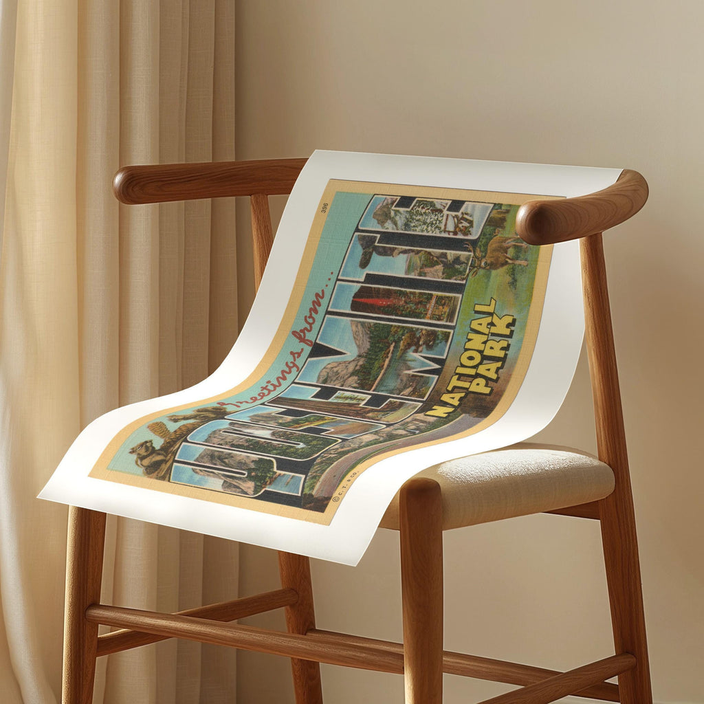 Vintage "Greetings from Yosemite" large letter postcard print, with oversized vintage-style block letters spelling YOSEMITE filled with nostalgic scenic snapshots, celebrating Yosemite as a beloved travel destination. Printed as a giclée fine art print on archival matte paper.