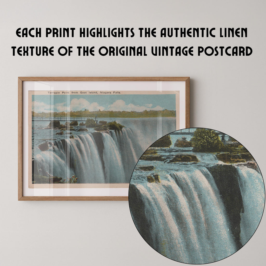 Vintage landscape postcard print of Niagara Falls' powerful cascade and rising mist. Printed as a giclée fine art print on archival matte paper.