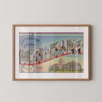 Vintage "Greetings from Mississippi" large letter postcard print, with oversized vintage-style block letters spelling MISSISSIPPI filled with nostalgic scenic snapshots, celebrating Mississippi as a U.S. state travel keepsake. Printed as a giclée fine art print on archival matte paper.