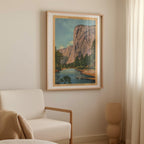 Vintage landscape postcard print of El Capitan's massive granite monolith rising above Yosemite Valley, Yosemite National Park. Printed as a giclée fine art print on archival matte paper.