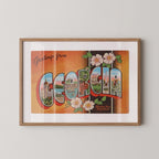 Vintage "Greetings from Georgia" large letter postcard print, with oversized vintage-style block letters spelling GEORGIA filled with nostalgic scenic snapshots, celebrating Georgia as a U.S. state travel keepsake. Printed as a giclée fine art print on archival matte paper.