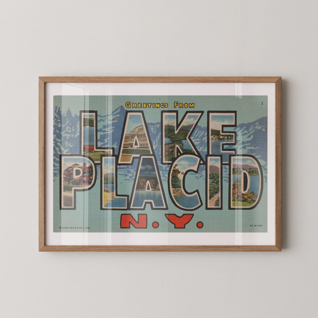 Vintage "Greetings from Lake Placid" large letter postcard print, with oversized vintage-style block letters spelling LAKE PLACID filled with nostalgic scenic snapshots, celebrating Lake Placid as a classic American city travel keepsake. Printed as a giclée fine art print on archival matte paper.