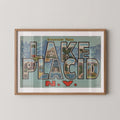 Vintage "Greetings from Lake Placid" large letter postcard print, with oversized vintage-style block letters spelling LAKE PLACID filled with nostalgic scenic snapshots, celebrating Lake Placid as a classic American city travel keepsake. Printed as a giclée fine art print on archival matte paper.
