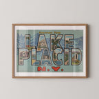 Vintage "Greetings from Lake Placid" large letter postcard print, with oversized vintage-style block letters spelling LAKE PLACID filled with nostalgic scenic snapshots, celebrating Lake Placid as a classic American city travel keepsake. Printed as a giclée fine art print on archival matte paper.