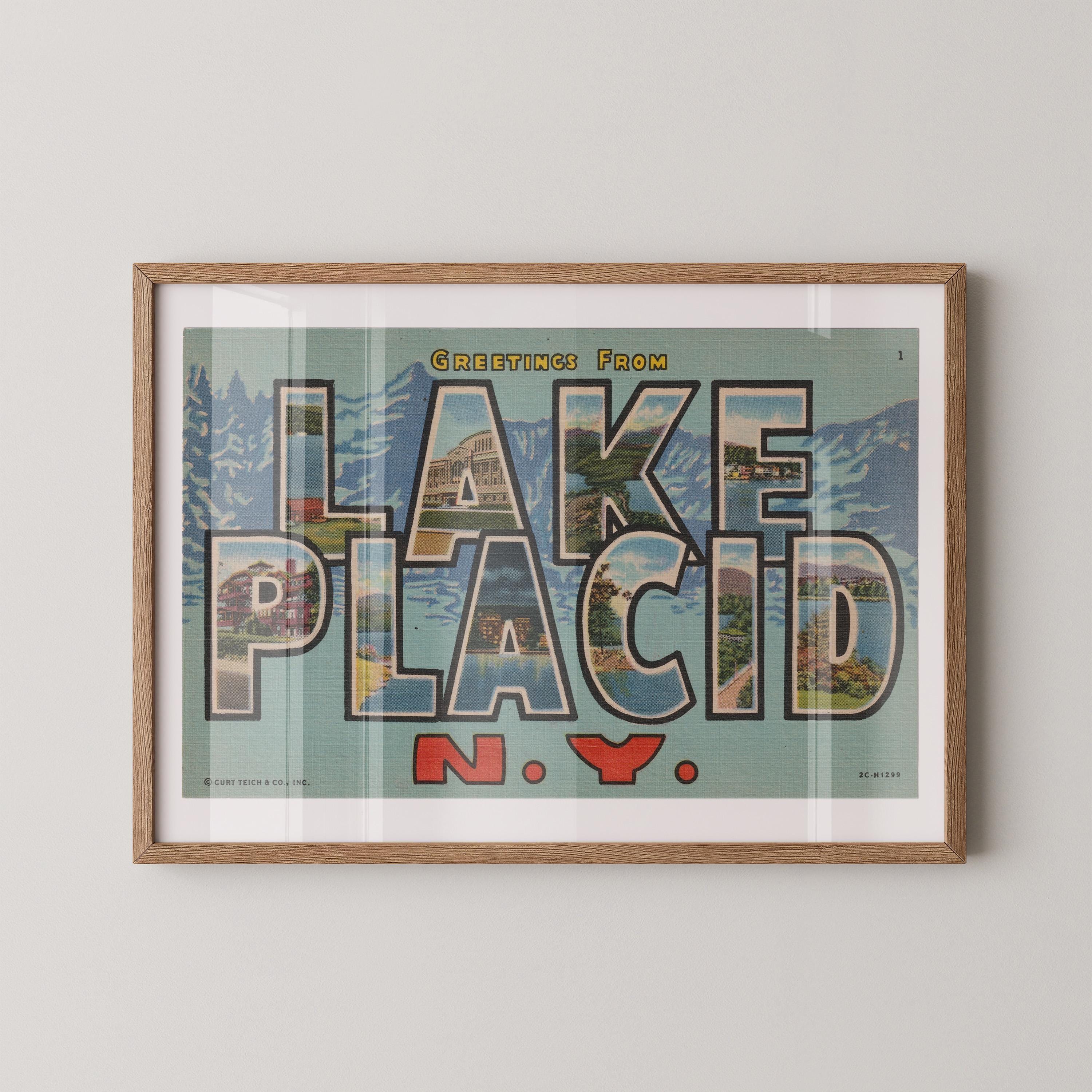 Vintage "Greetings from Lake Placid" large letter postcard print, with oversized vintage-style block letters spelling LAKE PLACID filled with nostalgic scenic snapshots, celebrating Lake Placid as a classic American city travel keepsake. Printed as a giclée fine art print on archival matte paper.