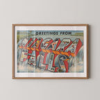 Vintage "Greetings from Niagara Falls" large letter postcard print, with oversized vintage-style block letters spelling NIAGARA FALLS filled with nostalgic scenic snapshots, celebrating Niagara Falls as a beloved travel destination. Printed as a giclée fine art print on archival matte paper.