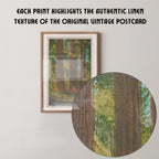 Vintage landscape postcard print of towering redwood trees in a sunlit grove, Yosemite National Park. Printed as a giclée fine art print on archival matte paper.